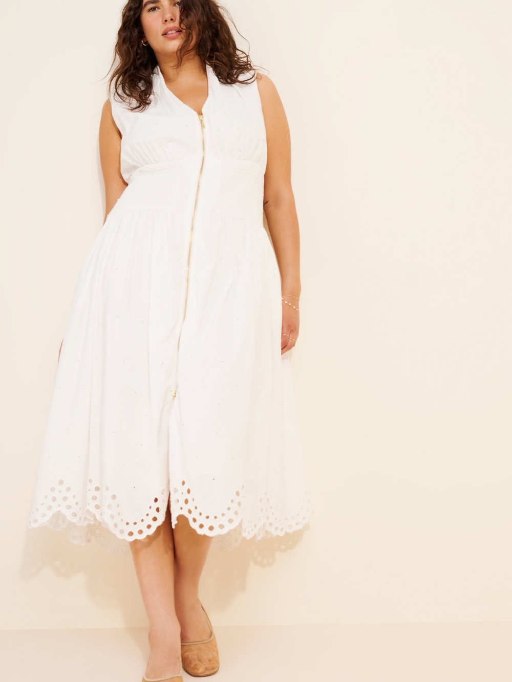 Anthropologie Maeve The Tommie Cap-Sleeve Smocked Eyelet Trim Zip Dress - Picture 1 of 14